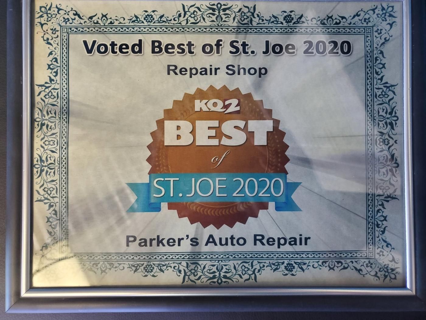 Framed certificate reading Voted Best of St. Joe 2020, Repair Shop, Parker's Auto Repair