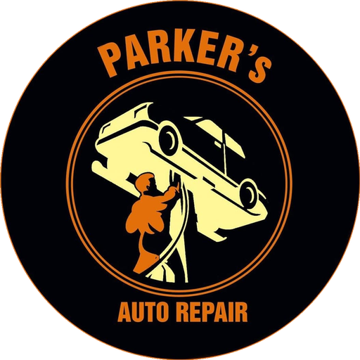 Parker's Auto Repair round logo, a mechanic under a lifted car